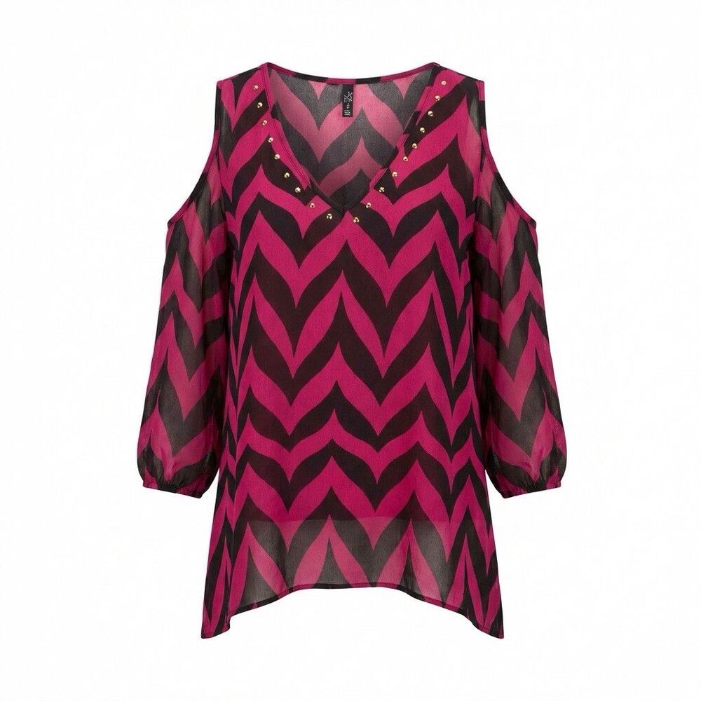 2Be Me Cold Shoulder Blouse Women's Size 2XL Pink Black with Studs